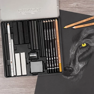 Cretacolor Wolf Box crno-bijeli set za crtanje, 25 komada, metalna kutija
