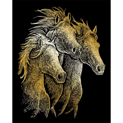 Set za ručno graviranje slika s ručnom olovkom, 20x25 cm - Konji, zlato