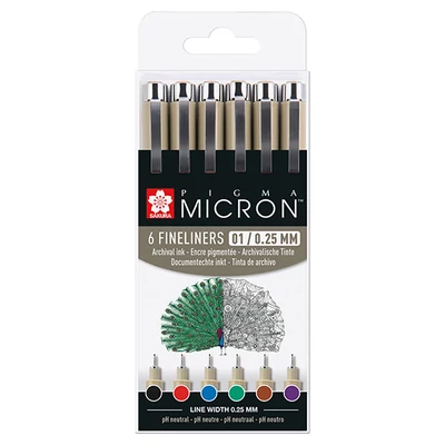 Sakura Pigma Micron 01 set olovki za tehničko crtanje - 6 kom, osnovne boje