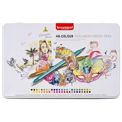 Bruynzeel Fineliner Brush pen dvostrani set flomastera - 48 kom, metalna kutija
