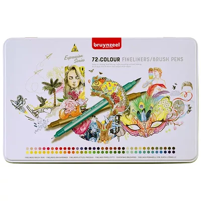 Bruynzeel Fineliner Brush pen dvostrani set flomastera - 72 kom, metalna kutija