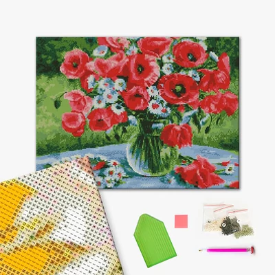 Dijamantni mozaik slagalica, na razvučenom platnu, 40x50 cm - Makovi s vijencem tratinčica