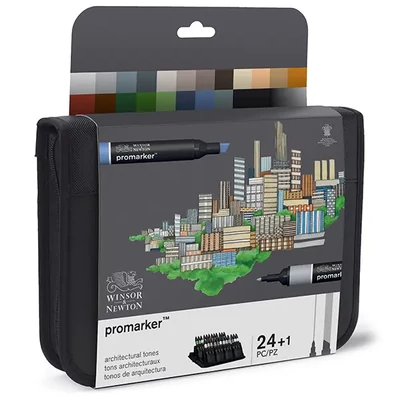 ProMarker dvoje i alkoholna četkica set - 24+1 db, architectural tones, u držaču s patentnim zatvaračem