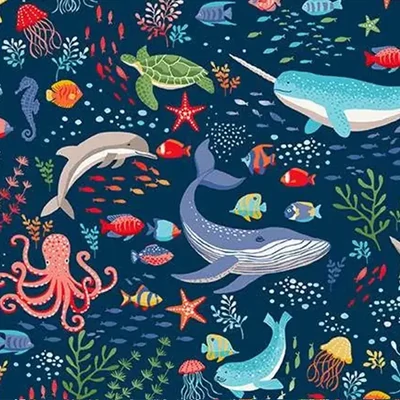 Tkanina za patchwork - Makower - Deep Blue Sea 137/B8 Creatures dark blue