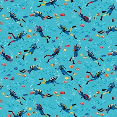 Tkanina za patchwork - Makower - Deep Blue Sea 138/B2 Divers light blue