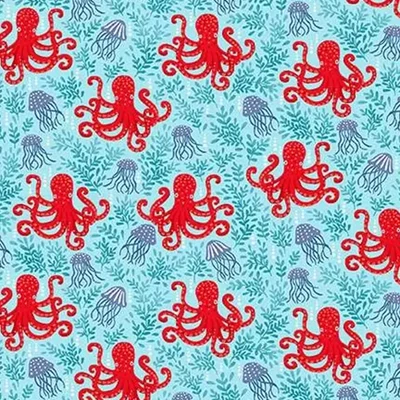 Tkanina za patchwork - Makower - Deep Blue Sea 140/B2 Octopus light blue