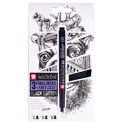 Sakura Pigma Micron set tehničkih olovaka za crtanje - 3 komada + držač za olovke, Black Edition