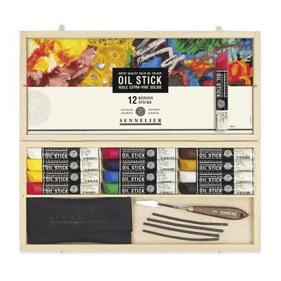 Sennelier Oil Stick set uljanih boja u stiku s priborom - 12x38 ml, drvena kutija