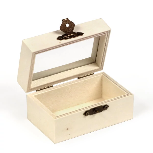 Drvena mini kutija - pravokutna, sa staklenim umetkom, 9x5,5x5 cm