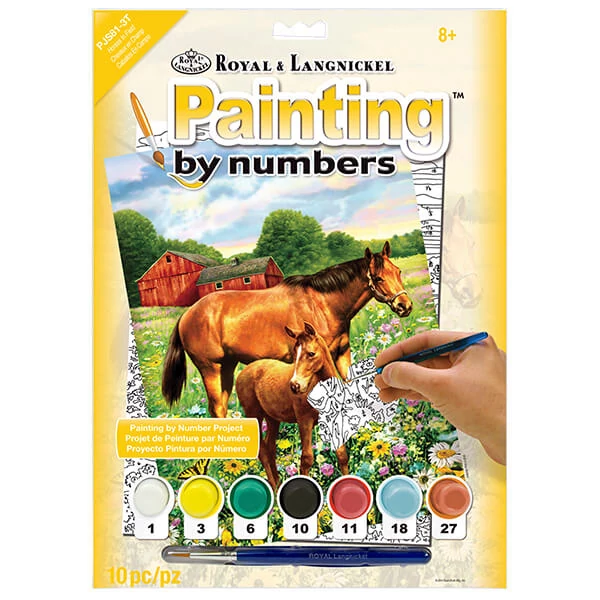 Set za bojanje s brojevima, akrilna boja+kist, 22x30 cm - Konji na livadi