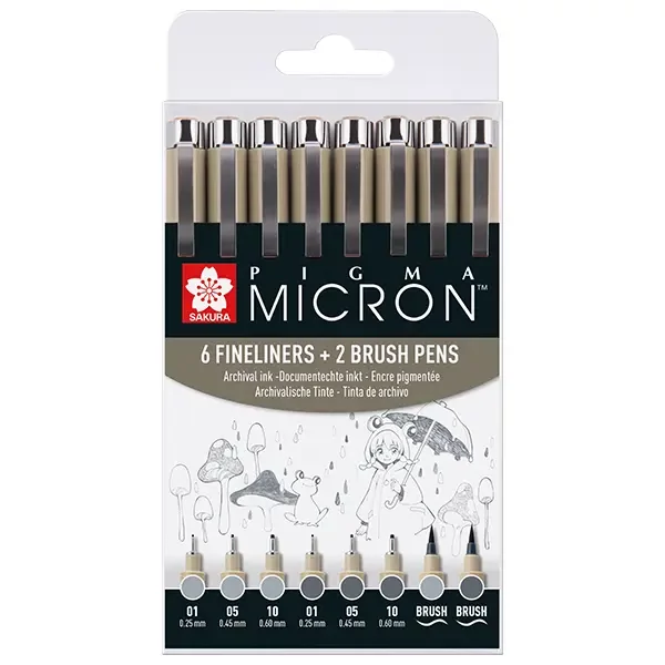 Sakura Pigma Micron set flomastera i kista za tehničko crtanje - 6+2 kom, nijanse sive