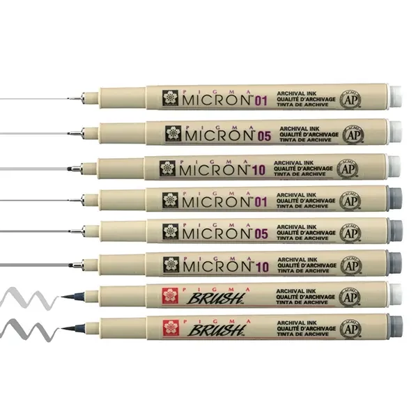 Sakura Pigma Micron set flomastera i kista za tehničko crtanje - 6+2 kom, nijanse sive