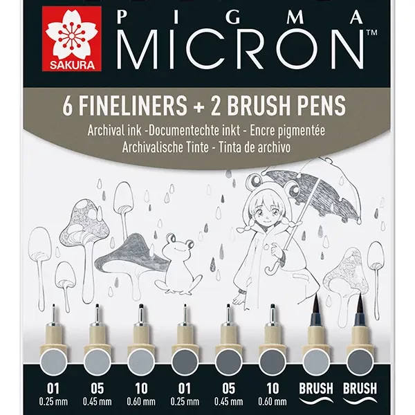 Sakura Pigma Micron set flomastera i kista za tehničko crtanje - 6+2 kom, nijanse sive