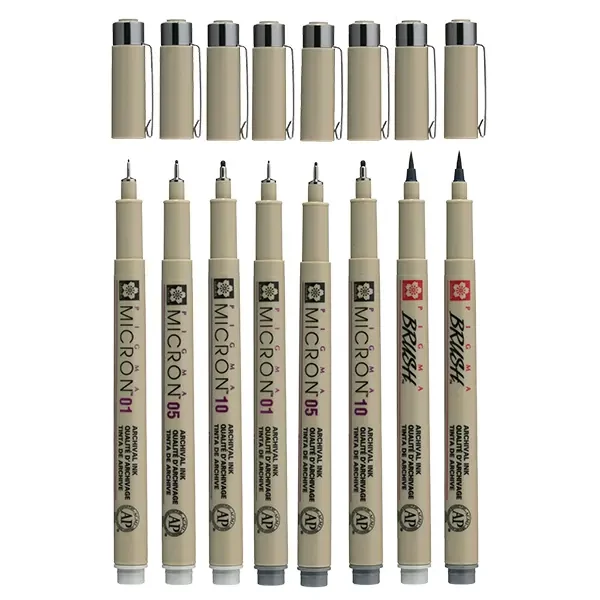 Sakura Pigma Micron set flomastera i kista za tehničko crtanje - 6+2 kom, nijanse sive