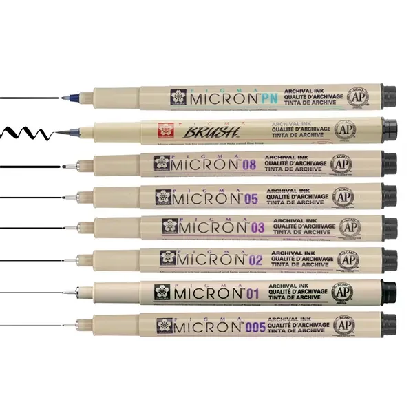 Sakura Pigma Micron set tehničkih flomastera za crtanje, markera s kistom i flomastera - 6+1+1 kom