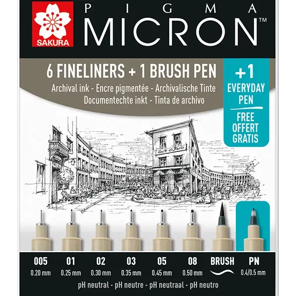 Sakura Pigma Micron set tehničkih flomastera za crtanje, markera s kistom i flomastera - 6+1+1 kom