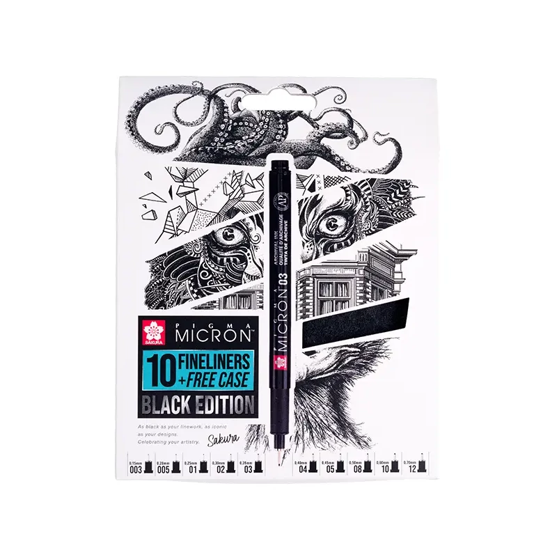 Sakura Pigma Micron set tehničkih olovaka za crtanje - 10 komada + držač za olovke, Black Edition