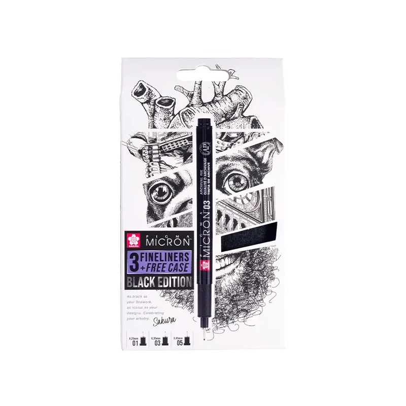 Sakura Pigma Micron set tehničkih olovaka za crtanje - 3 komada + držač za olovke, Black Edition
