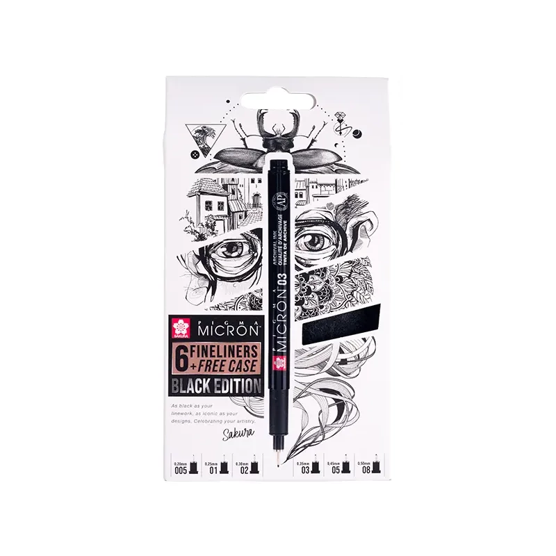 Sakura Pigma Micron set tehničkih olovaka za crtanje - 6 komada + držač za olovke, Black Edition