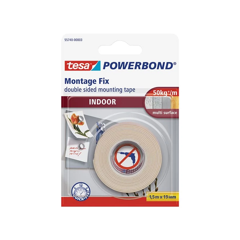 Tesa 55740 Powerbond obostrano ljepljiva montažna traka, za unutarnju upotrebu, bijela, 19 mm x 1,5 m