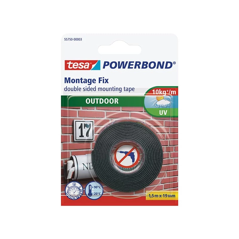 Tesa 55750 Powerbond obostrano ljepljiva montažna traka, za vanjsku upotrebu, crna, 19 mm x 1,5 m